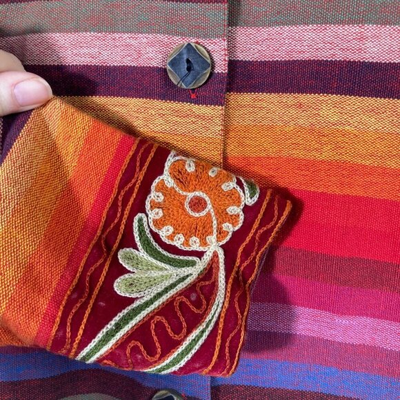 Womens Tan‎ Zara Cotton Shirt Jacket Multicolored Stripes Flowers Red Orange PP - Picture 5 of 6